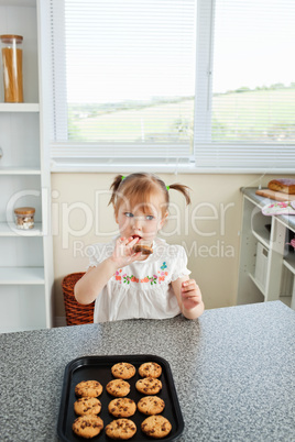 Cute girl sitting in front of cookies
