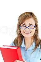 Charming young woman holding a red folder