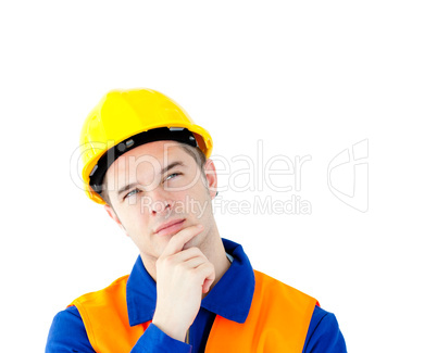 Pensive white collar worker with a hardhat