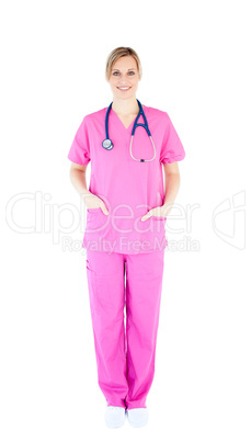 Positive young female surgeon wearing scrubs