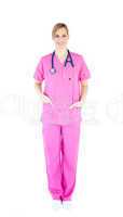 Positive young female surgeon wearing scrubs