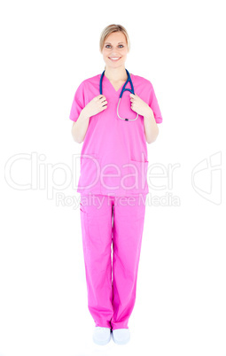 Confident young female surgeon holding a stethoscope