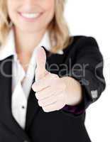 Close-up of a caucasian businesswoman with thumb up