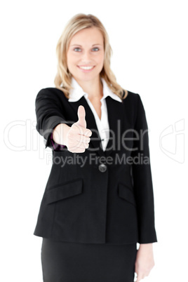 Positive caucasian businesswoman with thumb up