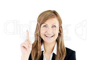 Laughing businesswoman showing with her finger up