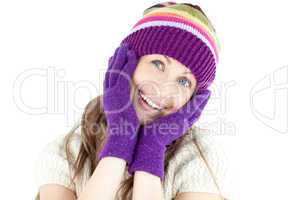 Glowing woman wearing gloves and cap