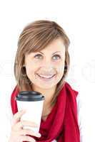 Positive woman holding a coffee wearing a scarf