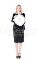 Glowing businesswoman holding a clock
