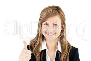 Animated young businesswoman with thumb up smiling at the camera
