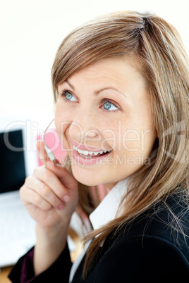 Portrait of a capivating businesswoman wearing headphones