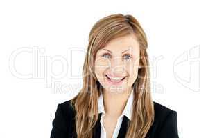 Joyful young businesswoman smiling at the camera
