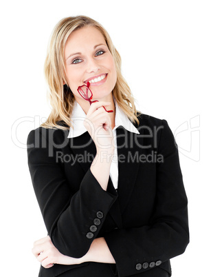 Radiant businesswoman with glasses smiling at the camera
