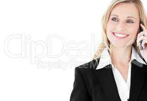 Smiling  caucasian businesswoman talking on phone
