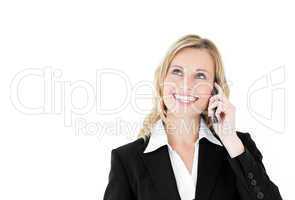 Delighted caucasian businesswoman talking on phone