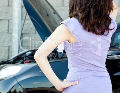 Brunette young woman standing in front of her car