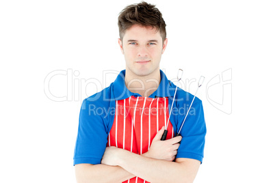 Animated man holding cookware looking at the camera
