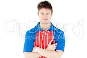 Animated man holding cookware looking at the camera