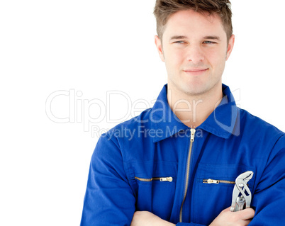 Charismatic caucasian worker holding tool