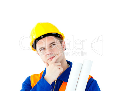 Thoughtful architect holding blueprints