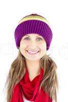 Jolly young woman smiling at the camera wearing a cap and red sc
