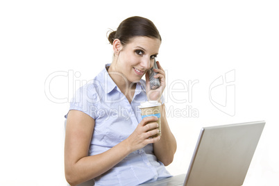 Female with Coffee Phone and Notebook