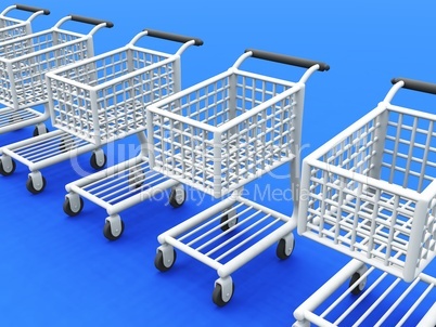3D Einkaufswagen silber Reihe auf blau