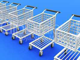3D Einkaufswagen silber Reihe auf blau