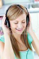 Animated caucasian woman listen to musik with headphones