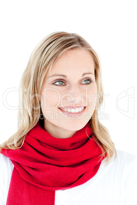Portrait of a captivating woman with a red scarf