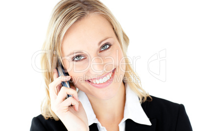 Friendly young businesswoman talking on phone
