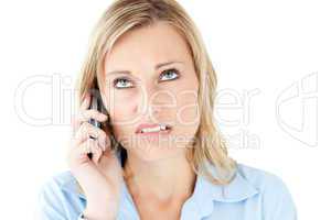 Frustrated businesswoman talking on phone