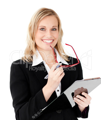 Charismatic businesswoman holding a clipboard