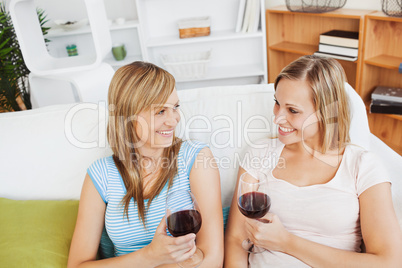 Happy two women drinking wine sitting on a sofa