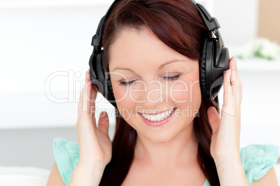 Animated young woman listen to music with headphones