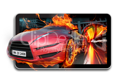 3D TV. Burning car on TV screen.