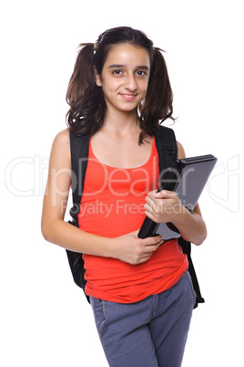 School girl with a laptop posing