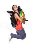 teenage girl jumping with books in her hand