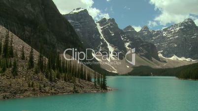 Pan left to right of Moraine Lake in the Canadian Rockies