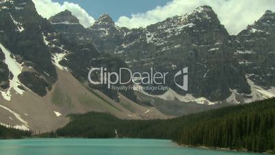 Zoom out to reveal Moraine Lake in the Canadian Rockies