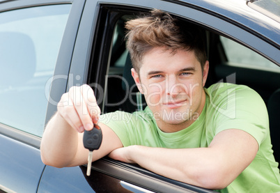 Animated caucasian man holding a car key