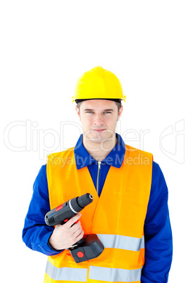 Assertive worker holding a cordless screwdriver