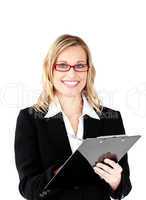 Confident businesswoman wearing glasses holding a clipboard smil