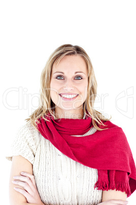 Radiant woman wearing red scarf smiling at the camera