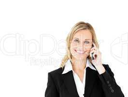 Portrait of a positive businesswoman talking on phone
