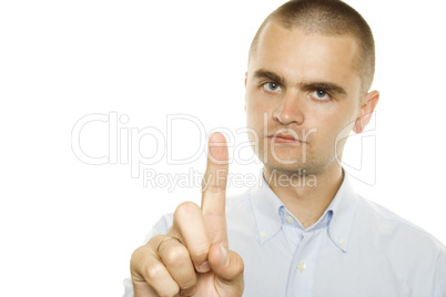 Handsome man pointing on white background