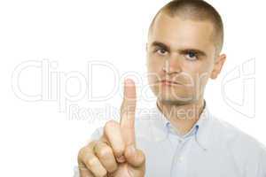 Handsome man pointing on white background