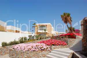 Terrace with flowers at recreation area of luxury hotel, Crete,