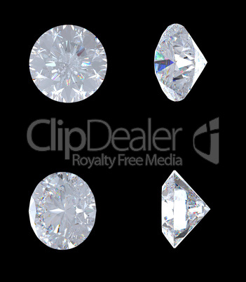 Top, bottom and side views of brilliant diamond