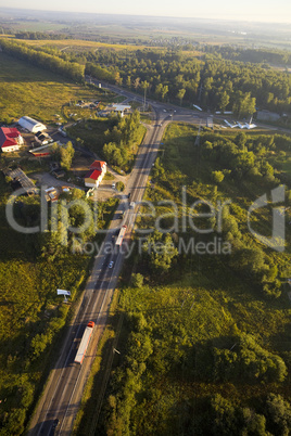View from balloon on road and sunrise