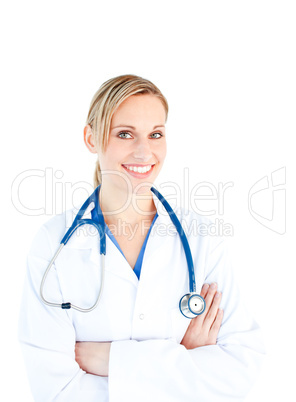 Pretty female doctor with folded arms